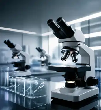 Three microscopes sitting on tables in a lab